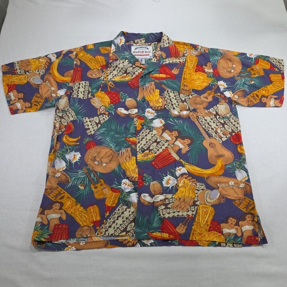 Newport Blue, Men's Button-Up Shirt Size M, Hawaiian Casual Cotton/Rayon Blend.